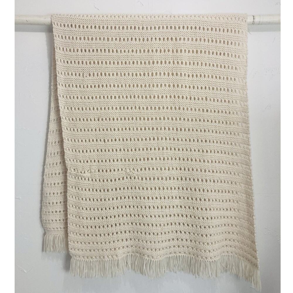 Handmade Afghan Throw Blanket Fringe Cream Ivory Cottage Crochet Knitted Ecru Wh - Picture 3 of 8